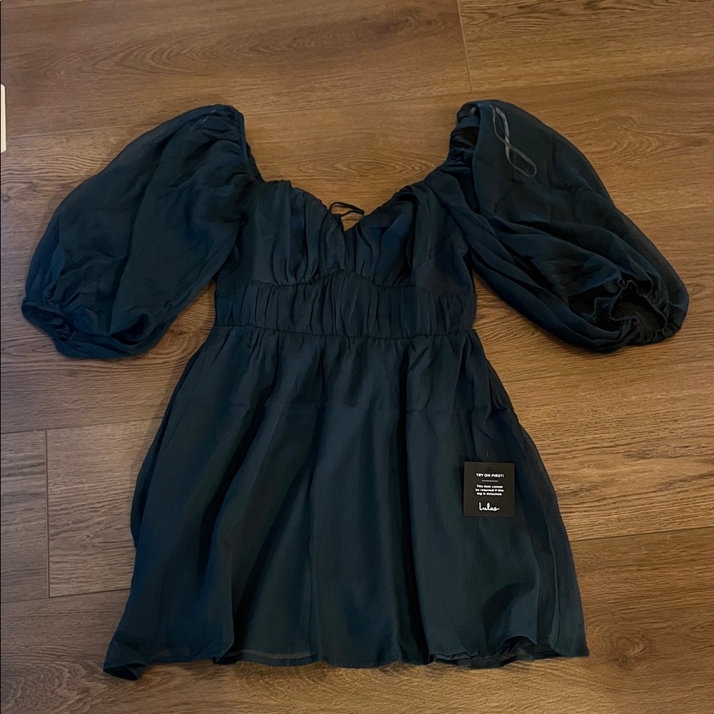 Lulu's Black Mini Dress with Puff Sleeves